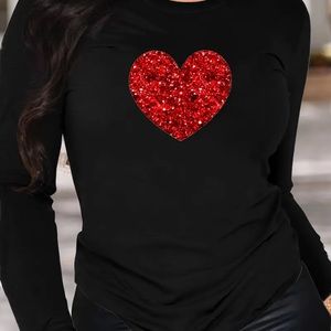 Graphic Print T-shirt, Long Sleeve Crew Neck Casual Top with red heart size XL